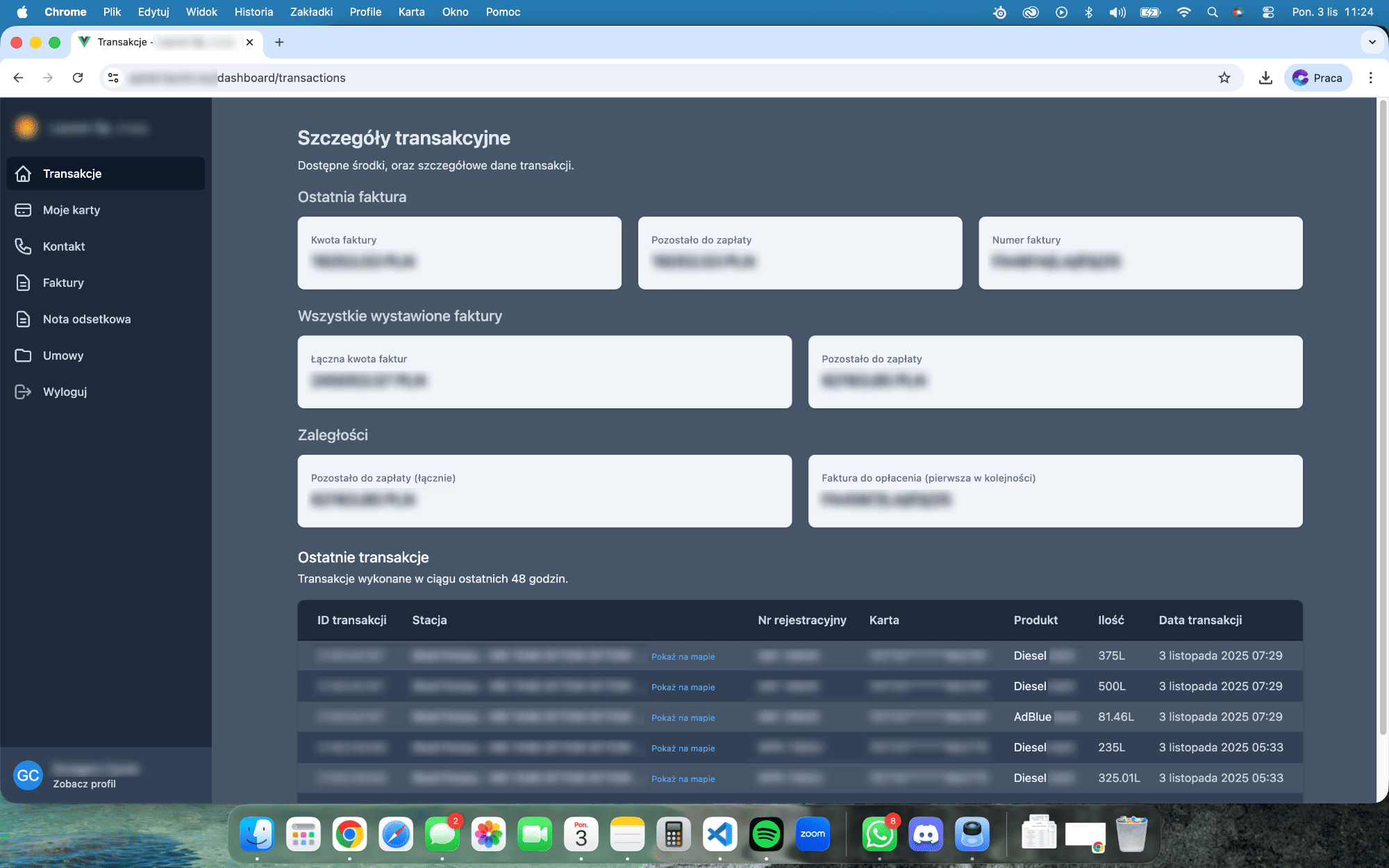 Panel klienta – historia transakcji w systemie B2B